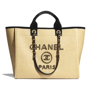 Replica Chanel Women Large Shopping Bag Straw Calfskin & Gold-Tone Metal Beige & Black 2