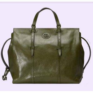 Replica Gucci Unisex Large Tote Bag Tonal Double G Forest Green Leather Original GG Canvas 2