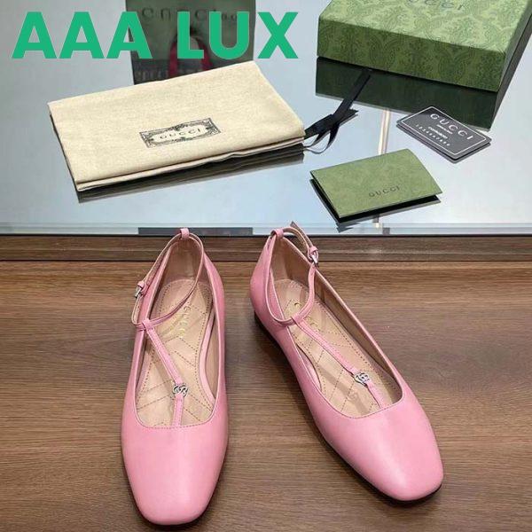 Replica Gucci Women GG Ballet Flat Double G Pink Leather Sole Flat 1 Cm Heel 9