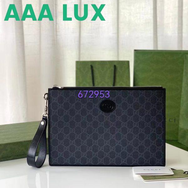 Replica Gucci Unisex Pouch Interlocking G Black GG Supreme Canvas Leather Zip Closure 3