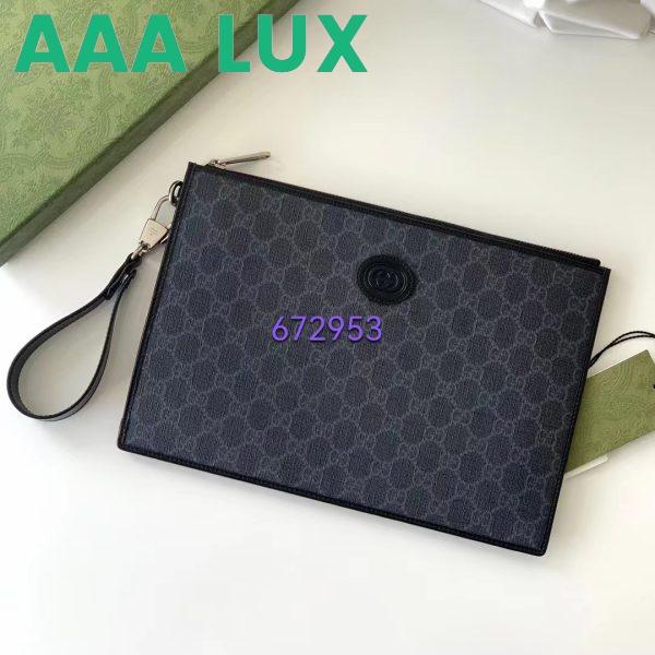 Replica Gucci Unisex Pouch Interlocking G Black GG Supreme Canvas Leather Zip Closure 4