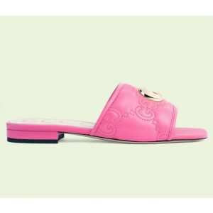 Replica Gucci Women GG Matelassé Slide Sandal Bright Pink Double G Square Toe Flat