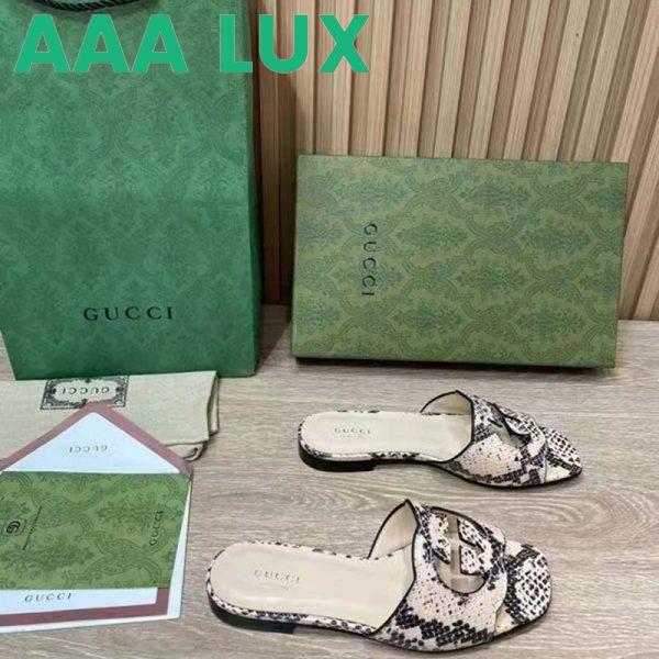 Replica Gucci Women Interlocking G Cut Out Slide Sandal Beige Black Python Print Leather Flat 3