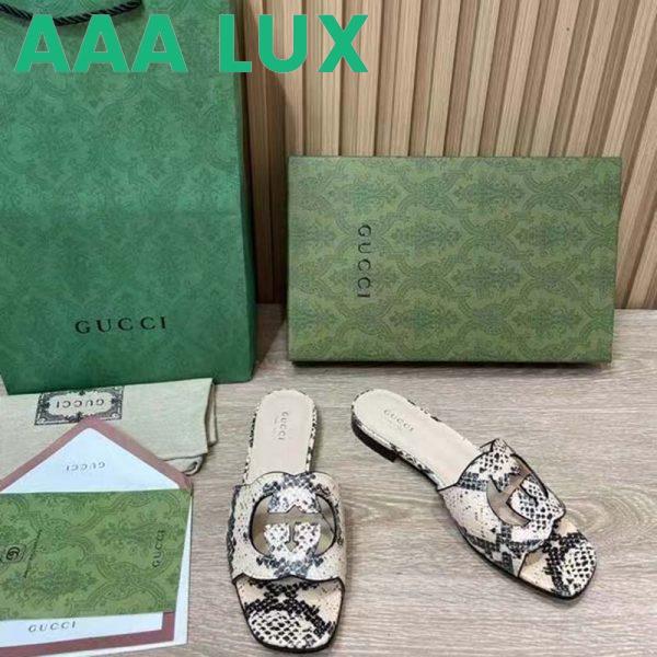 Replica Gucci Women Interlocking G Cut Out Slide Sandal Beige Black Python Print Leather Flat 4