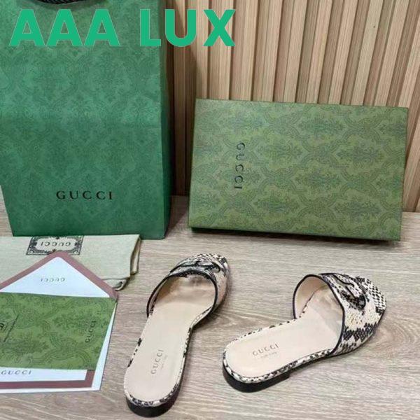 Replica Gucci Women Interlocking G Cut Out Slide Sandal Beige Black Python Print Leather Flat 5