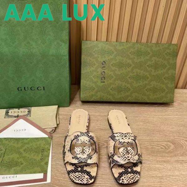 Replica Gucci Women Interlocking G Cut Out Slide Sandal Beige Black Python Print Leather Flat 6