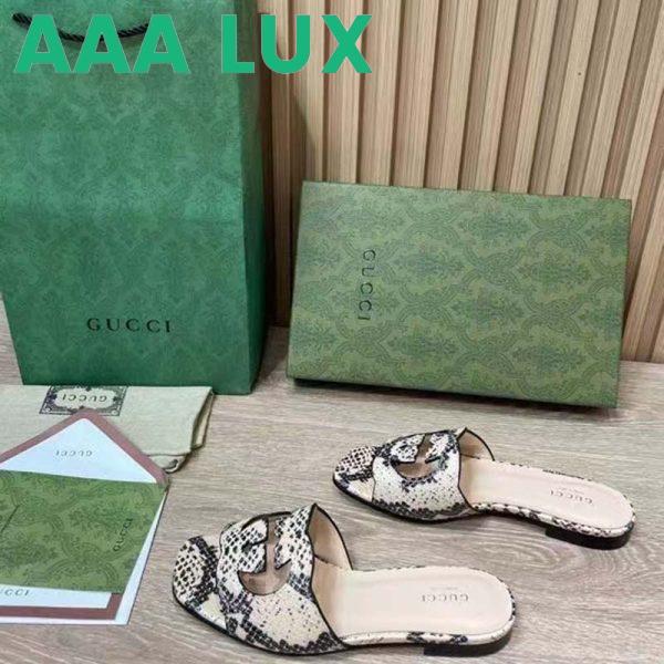 Replica Gucci Women Interlocking G Cut Out Slide Sandal Beige Black Python Print Leather Flat 7