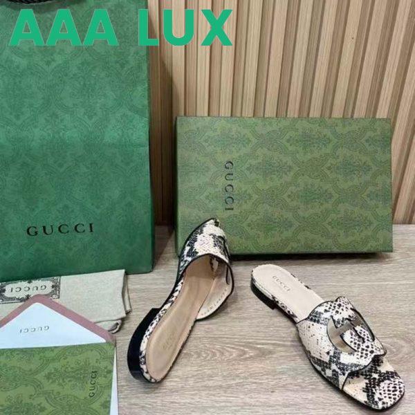 Replica Gucci Women Interlocking G Cut Out Slide Sandal Beige Black Python Print Leather Flat 8