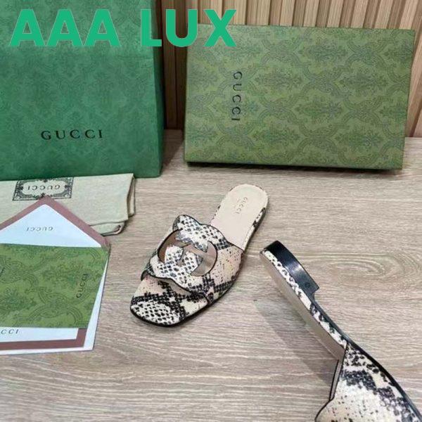 Replica Gucci Women Interlocking G Cut Out Slide Sandal Beige Black Python Print Leather Flat 11