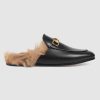 Replica Gucci Women Princetown Leather Slipper with Lamb Wool-Black