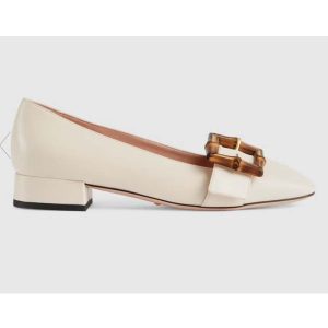 Replica Gucci Women’s GG Ballet Flat Bamboo Buckle White Leather Round Toe Chunky Heel 2