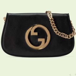 Replica Gucci Women GG Blondie Shoulder Bag Black Leather Round Interlocking G 2