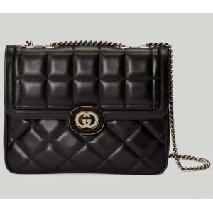 Replica Gucci Women GG Deco Small Shoulder Bag Black Quilted Leather