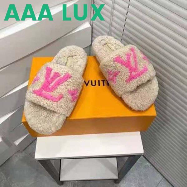 Replica Louis Vuitton LV Women Paseo Flat Comfort Mule Beige Shearling LV Initials Monogram Flowers 5
