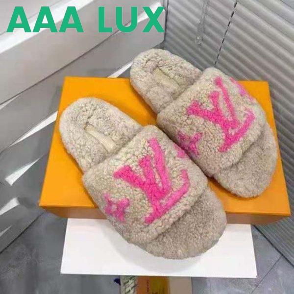 Replica Louis Vuitton LV Women Paseo Flat Comfort Mule Beige Shearling LV Initials Monogram Flowers 6
