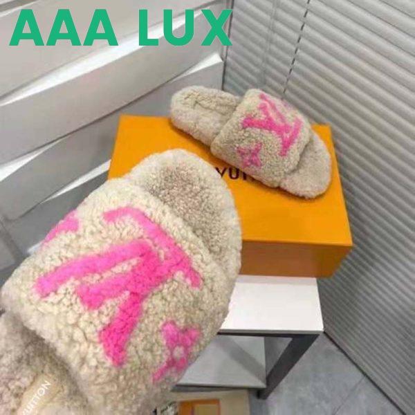 Replica Louis Vuitton LV Women Paseo Flat Comfort Mule Beige Shearling LV Initials Monogram Flowers 11