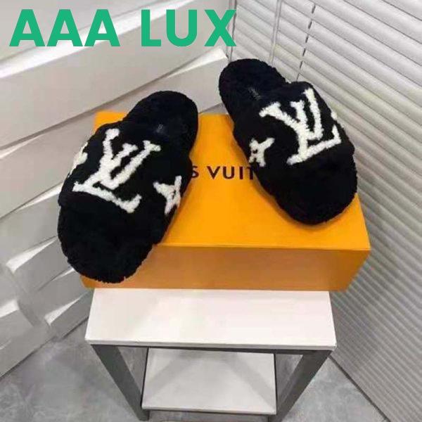 Replica Louis Vuitton LV Women Paseo Flat Comfort Mule Black Shearling LV Initials Monogram Flowers 4