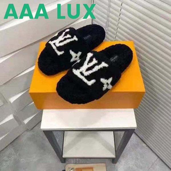 Replica Louis Vuitton LV Women Paseo Flat Comfort Mule Black Shearling LV Initials Monogram Flowers 8