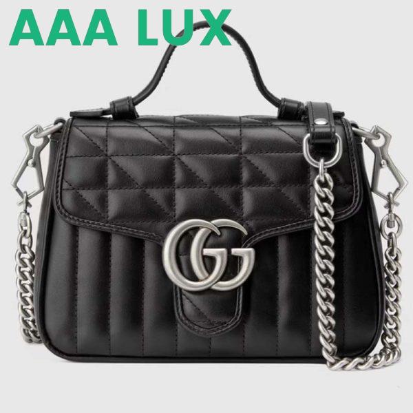 Replica Gucci Women GG Marmont Mini Top Handle Bag Black Matelassé Leather Double G