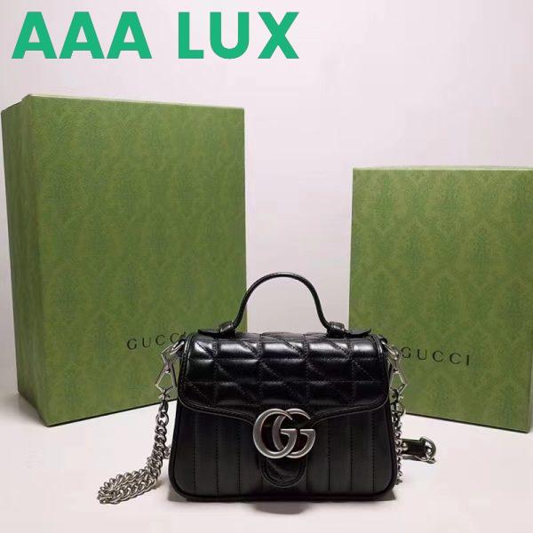 Replica Gucci Women GG Marmont Mini Top Handle Bag Black Matelassé Leather Double G 3