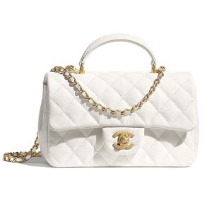 Replica Chanel Women Mini Flap Bag with Top Handle Grained Calfskin Gold Tone Metal White