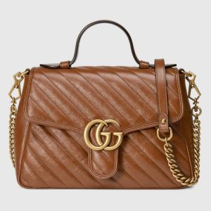 Replica Gucci Women GG Marmont Small Top Handle Bag Brown Diagonal Matelassé Leather 2
