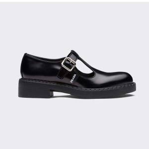 Replica Prada Women Brushed-Leather Mary Jane T-strap Shoes-Black