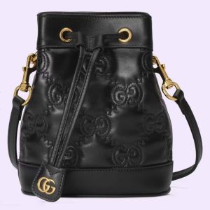 Replica Gucci Women GG Matelassé Bucket Bag Black Leather Double G