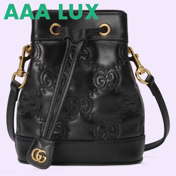 Replica Gucci Women GG Matelassé Bucket Bag Black Leather Double G