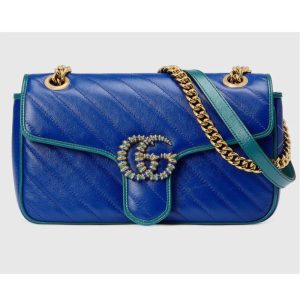Replica Gucci Women GG Marmont Small Shoulder Bag Blue Diagonal Matelassé Leather