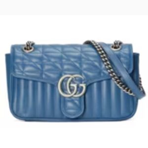 Replica Gucci Women GG Marmont Small Shoulder Bag Blue Matelassé Leather Double G