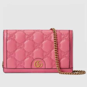 Replica Gucci Women GG Matelassé Chain Wallet Pink Leather Double G Chain Strap
