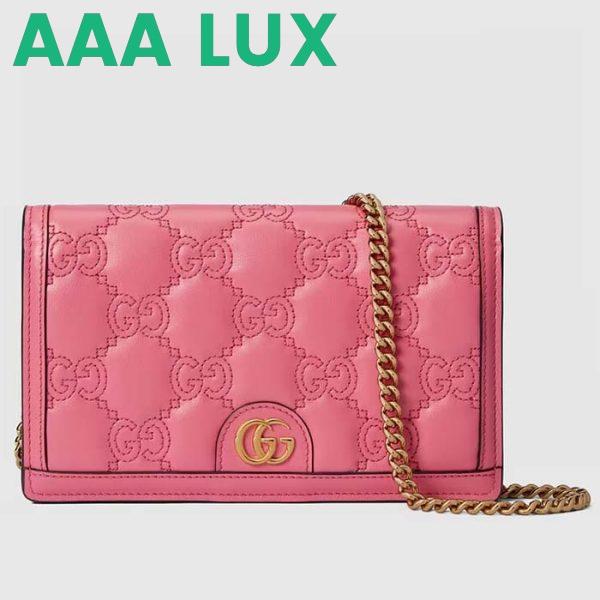 Replica Gucci Women GG Matelassé Chain Wallet Pink Leather Double G Chain Strap