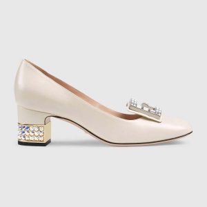 Replica Gucci Women Shoe Leather Mid-Heel Pump with Crystal G 50mm Heel-White