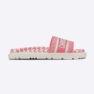 Replica Dior Women Dway Slide Peony Pink Embroidered Cotton with Micro Houndstooth Motif
