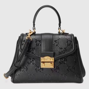 Replica Gucci Women Small GG Top Handle Bag Black Debossed Leather Double G 2
