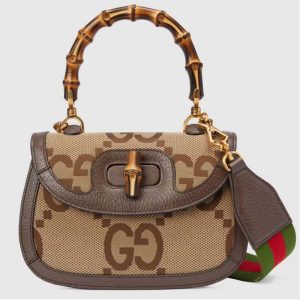 Replica Gucci Women Small Jumbo GG Bag Bamboo Camel GG Canvas Brown Leather