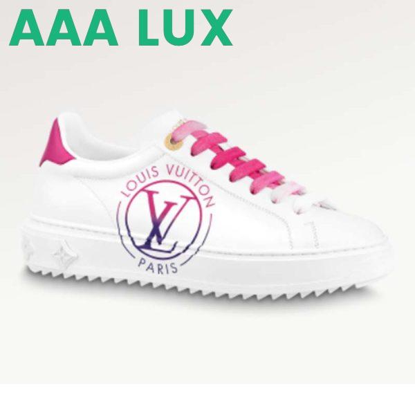 Replica Louis Vuitton Unisex LV Time Out Sneaker Fuchsia Pink Printed Calf Leather Rubber Circle