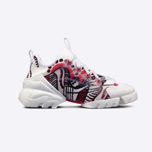 Replica Dior Women D-Connect Sneaker White Technical Fabric with Red and Black Cupidon Print