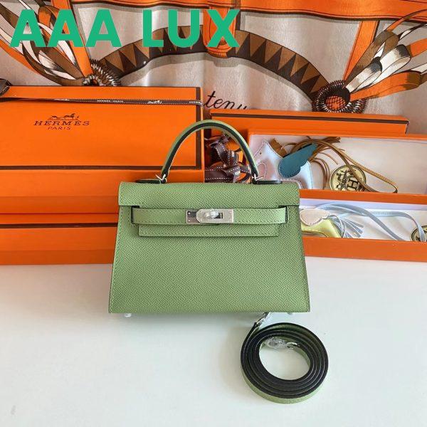 Replica Hermes Women Mini Kelly 20 Bag Epsom Leather Silver Hardware-Light Green 3