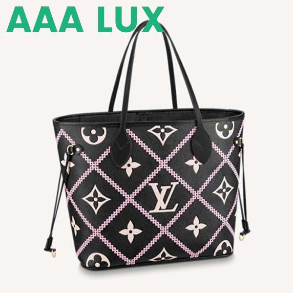 Replica Louis Vuitton LV Women Neverfull MM Tote Black Pink Grained Cowhide Leather