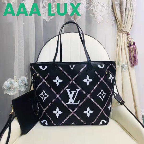 Replica Louis Vuitton LV Women Neverfull MM Tote Black Pink Grained Cowhide Leather 3