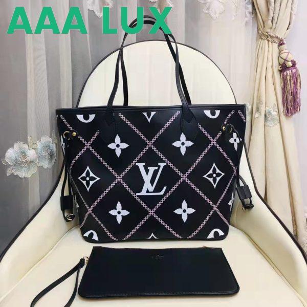 Replica Louis Vuitton LV Women Neverfull MM Tote Black Pink Grained Cowhide Leather 4