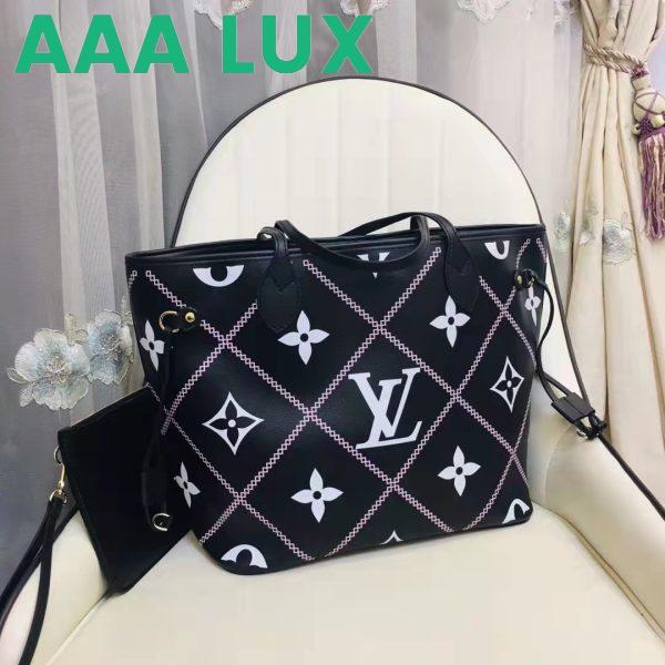 Replica Louis Vuitton LV Women Neverfull MM Tote Black Pink Grained Cowhide Leather 7