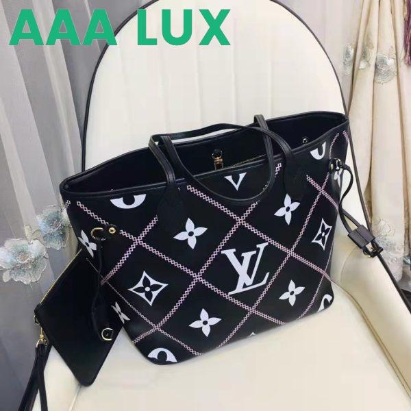 Replica Louis Vuitton LV Women Neverfull MM Tote Black Pink Grained Cowhide Leather 8