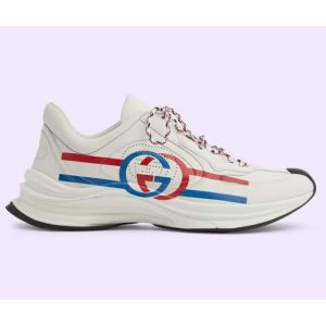 Replica Gucci Unisex GG Run Sneaker White Leather Blue Mid Heel Red Interlocking G 6 Cm Heel