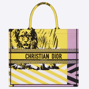 Replica Dior Unisex CD Large Book Tote Yellow Pink D-Jungle Pop Embroidery