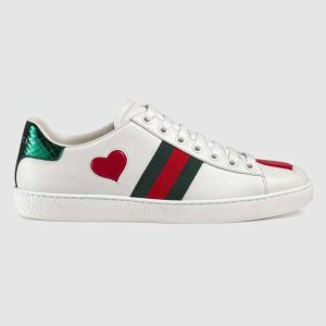 Replica Gucci Women’s Ace Embroidered Sneaker with Two Leather Hearts in Rubber Sole-White