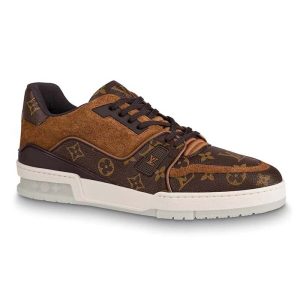 Replica Louis Vuitton LV Unisex LV Trainer Sneaker in Monogram Canvas and Suede Calf Leather-Brown