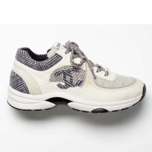 Replica Chanel Women CC Sneakers Fabric & Suede Calfskin Ivory Light Gray & White 1 Cm Heel